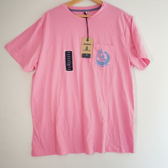 Chubbies Hot Pink Graphic Pocket T-Shirt Surfer Wave Crew Neck Casual Pink L NWT - Picture 1 of 8